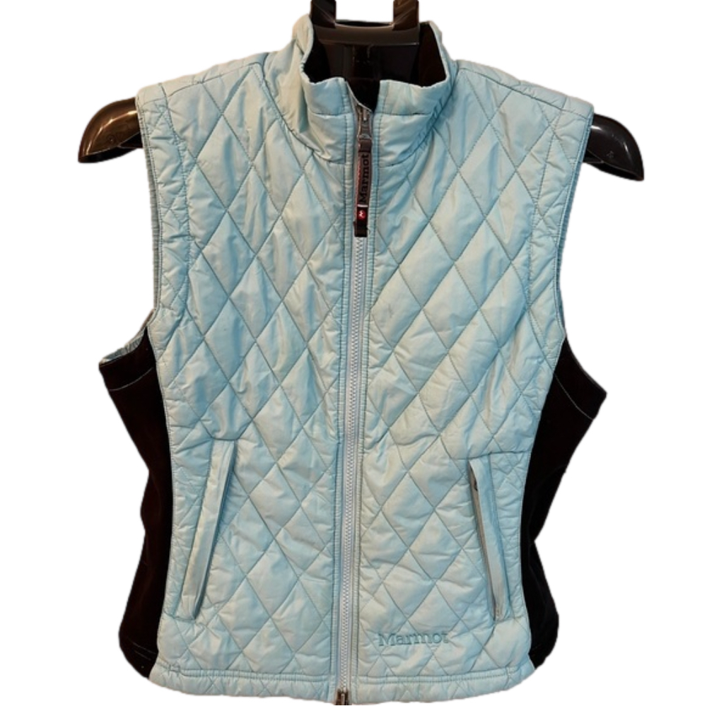 Marmot women’s baby blue puffer vest, size M